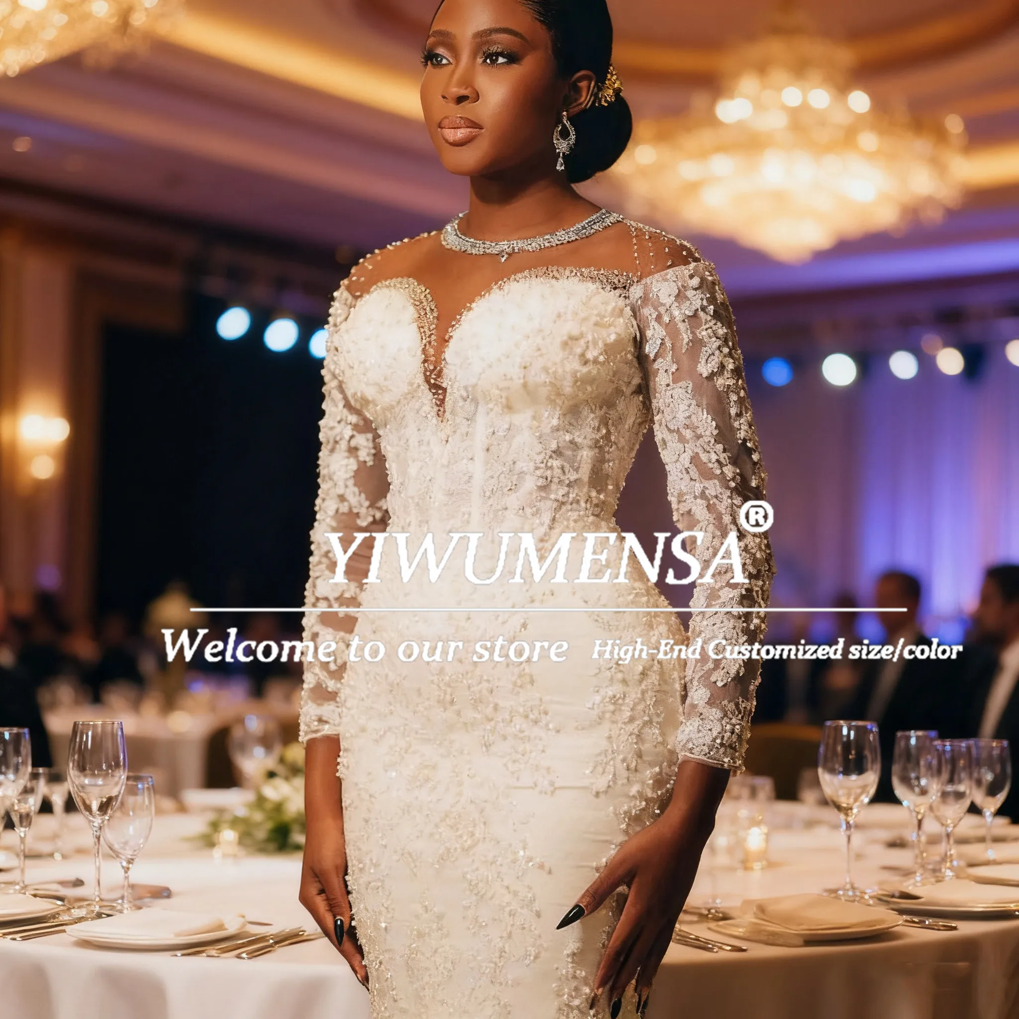

Sparkling Crystals Beaded Wedding Dresses Long Sleeves Lace Appliques Mermaid Bridal Gowns Customized African Aso Ebi Clothing
