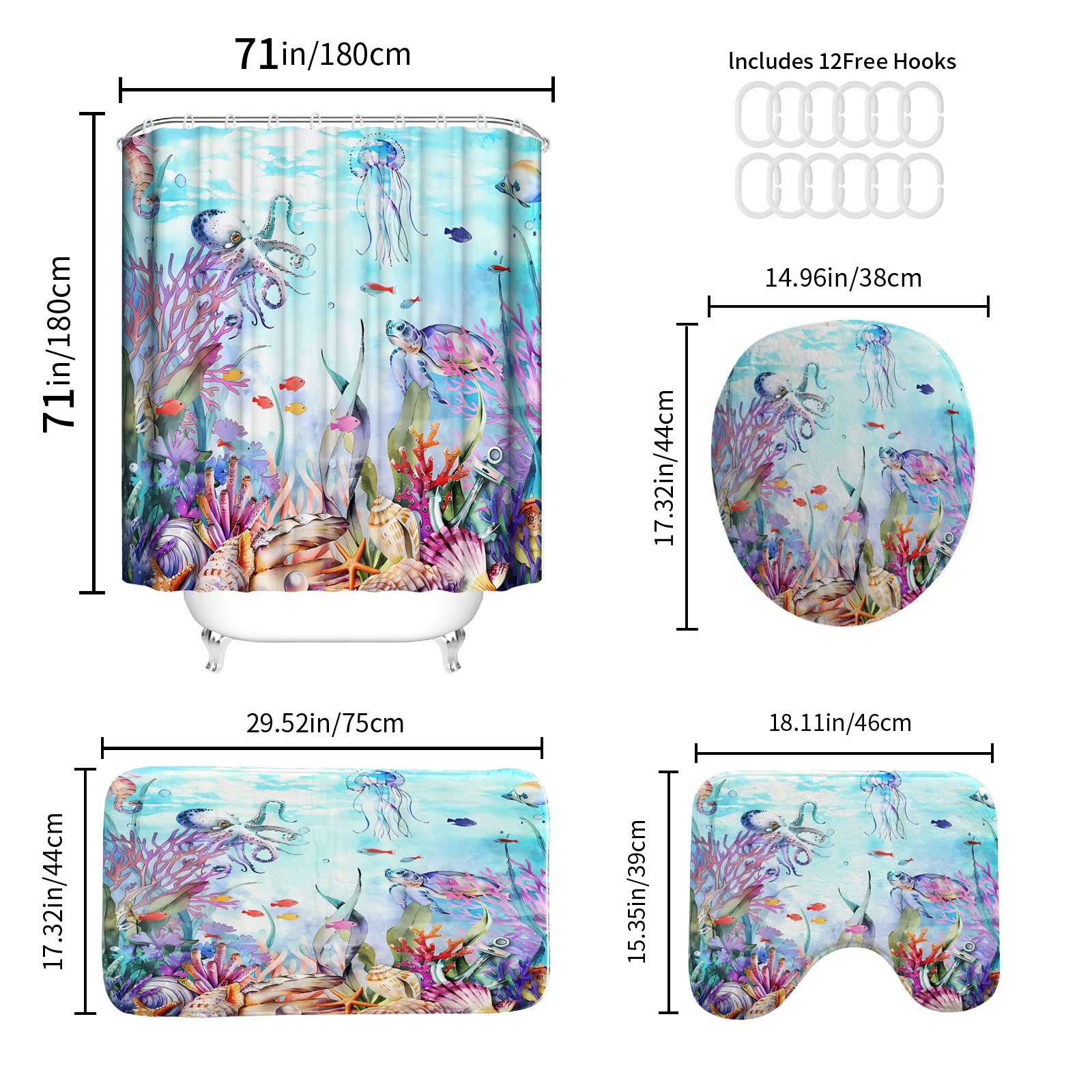 Underwater marine animal print shower curtain modern waterproof polyester home décor bathroom curtain with hooks