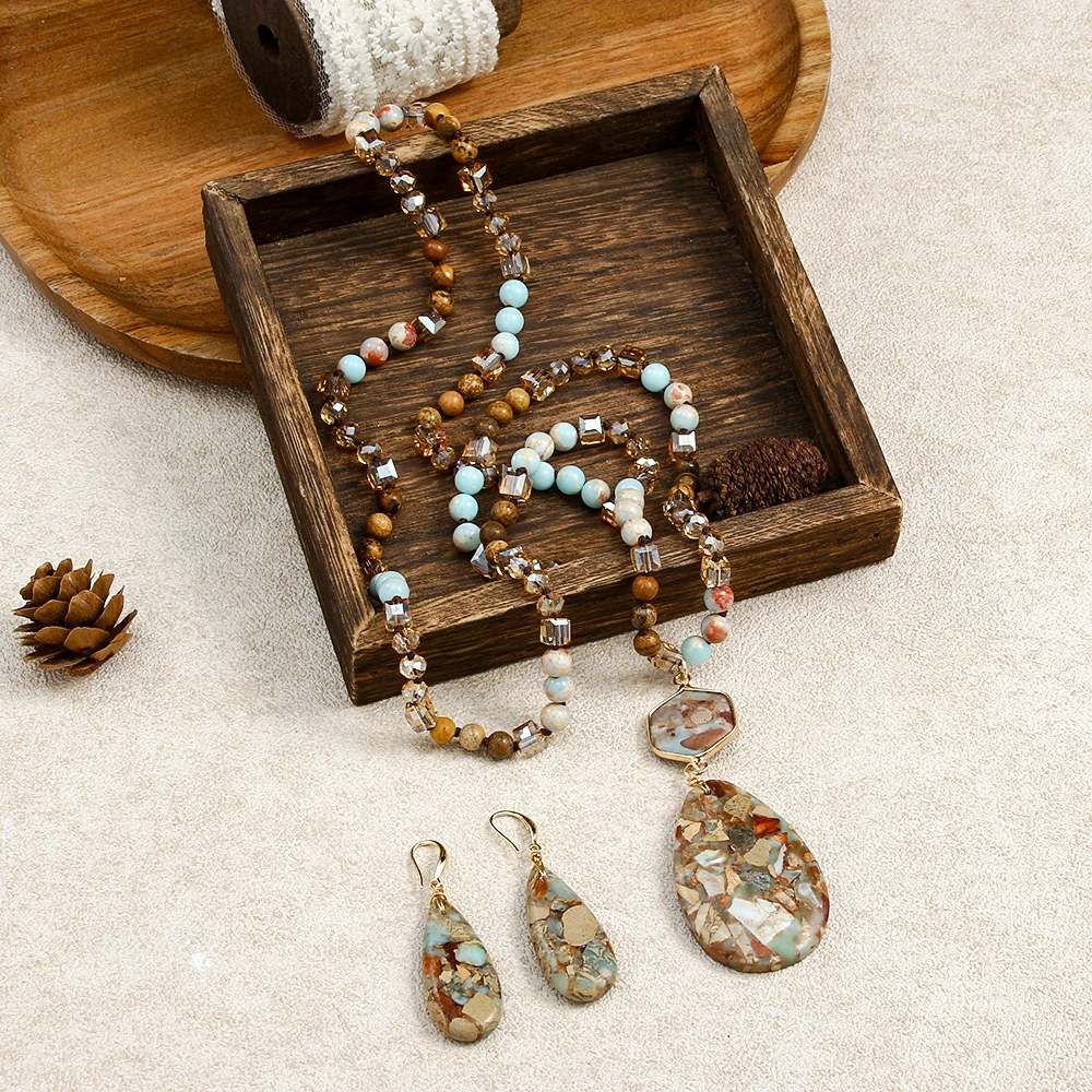 Fashion Bohemian Women Jewelry 6mm Natural Stone Glass Necklace,Imperial Agalmatolite Stone Geometric Pendant Necklace Earrings