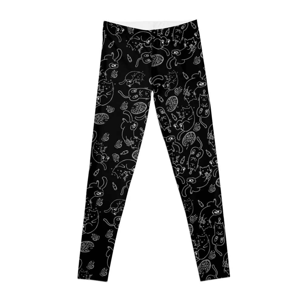 Cat Party (White on Black) Leggings gym wear push up legging Legging sport Womens Leggings