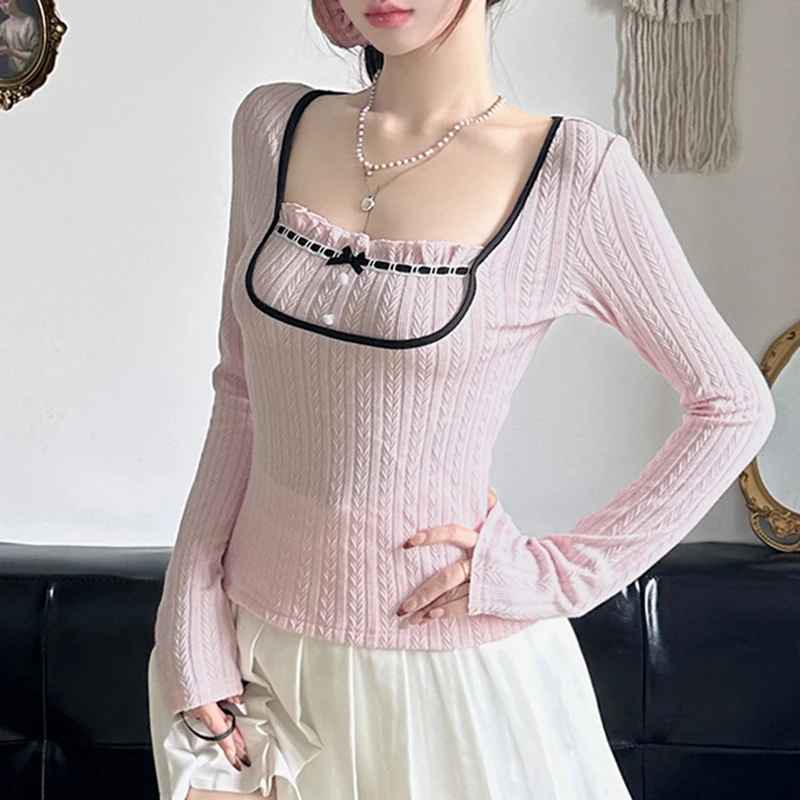 IAMHOTTY y2k Patchwork Knitted Top Pink Lolita Style Bow Buttons Decorate T-shirts Autumn Spring Coquette Aesthetic Knitwear New