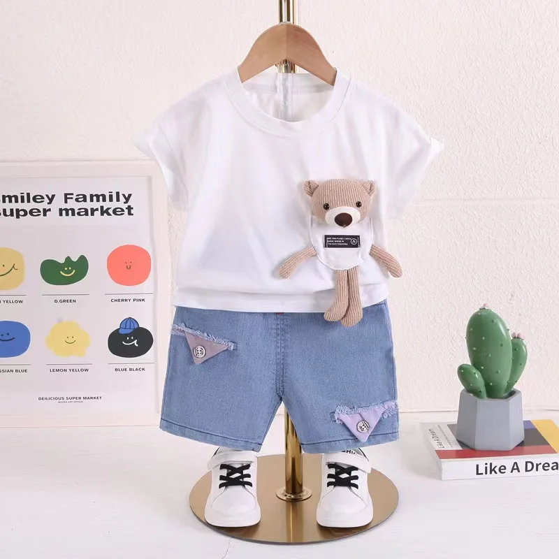 Летняя одежда для маленьких мальчиков, пуловер с героями мультфильмов, футболка с короткими рукавами + джинсовые шорты, костюм из 2 предметов для маленьких девочек 1-5 лет, спортивный комплект
