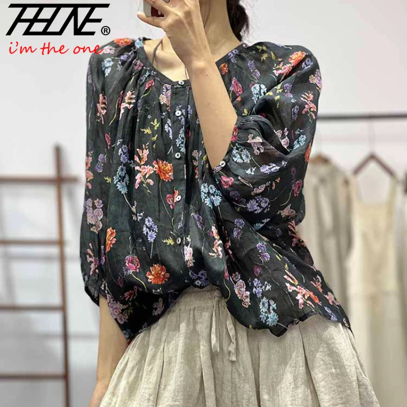 fashion woman blouse 2024 blusa mujer Casual camisas elegant and youth woman blouses cotton linen Autumn Winter Print flower