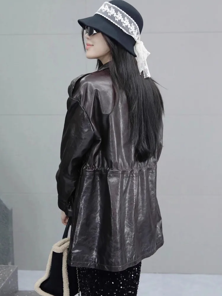 Autumn Oil Wax Cow Leather Lady Jacket Multi Pocket Mid-length Jackets Turndown Collar Slim Fit Outerwear Party Long Sleeve Coat