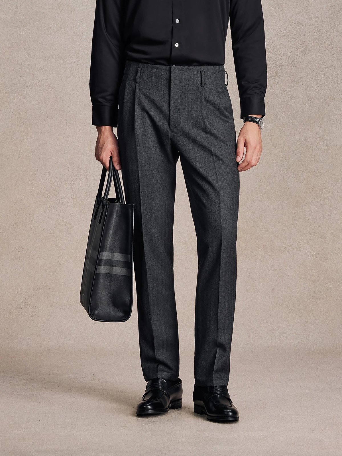 Men's Italian 100% VBC Wool Straight Leg Trousers Double Pleated Herringbone Design for Business Office Suit Pants