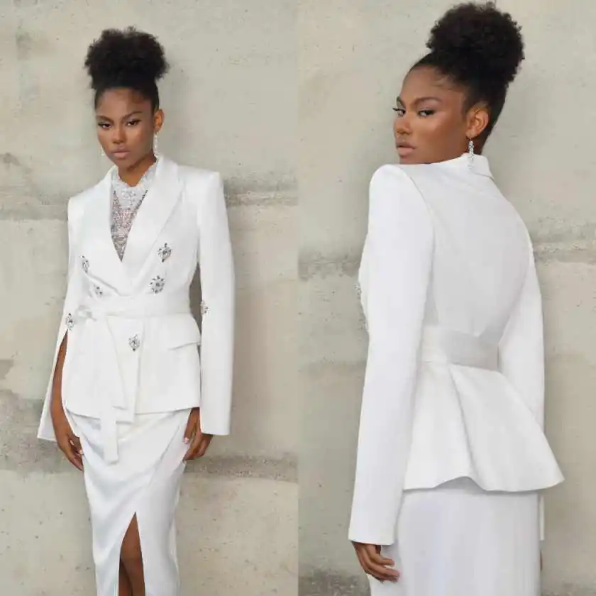 

Chic Women's Suit 2 Piece Jacket Skirt Single Breasted With Belt Formal Occasion Banquet Prom Blazer Customized