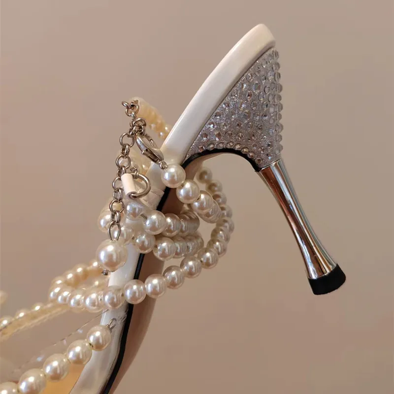 Luxury Rhinestone Soft Clear PVC Women Pumps Sexy Ankle Strap Pearls bowknot Thin High heels Fashion Summer Wedding Bridal Shoes