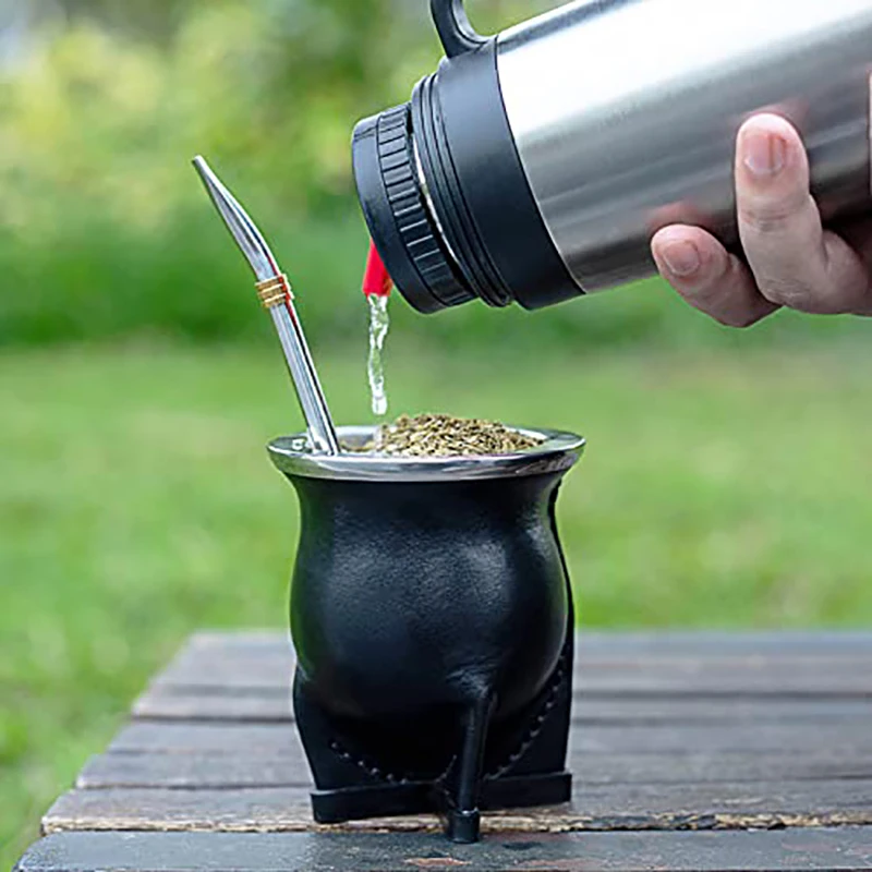 Handmade Argentina Yerba Mate Cup Set with Ceramic liner Mate Gourd, Bombilla Mate Straw, Cleaning Brush