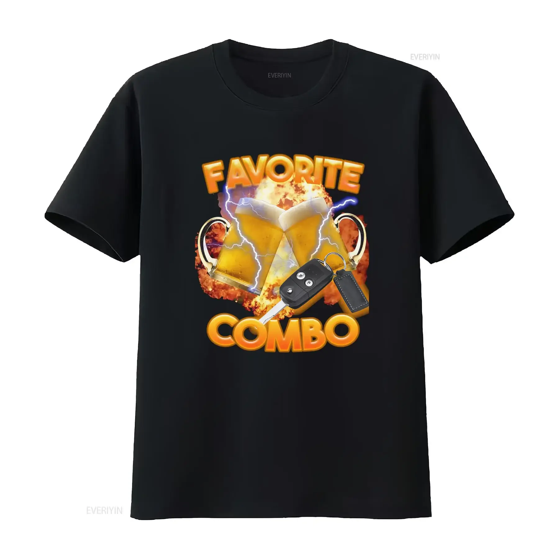 Favorite Combo T Shirt Funny Humor Meme with Beer Mugs Lightning Car Key Design vintage Washed Breathable Versatile Stylish