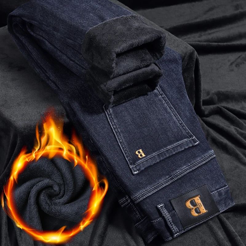 

Men's Fce Lined Slim Fit Jeans Thiened Korean Sle Spring Youth Casual mid Waist Zipper ket inding