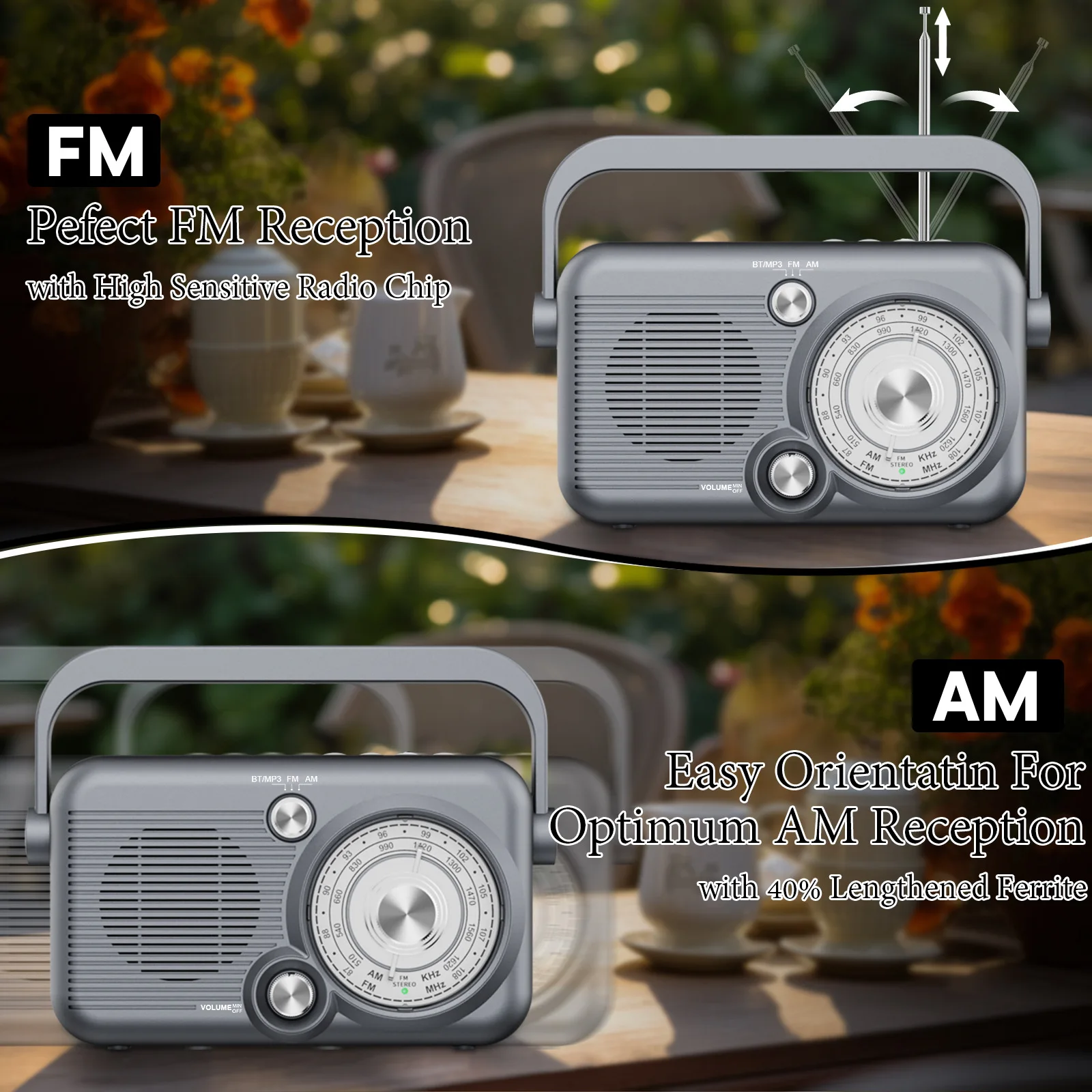 Portable FM AM Radio Handheld Strong Signal Radios Wireless Bluetooth 5.3 Speaker Support TF Card U Disk Play 2000MAH Battery