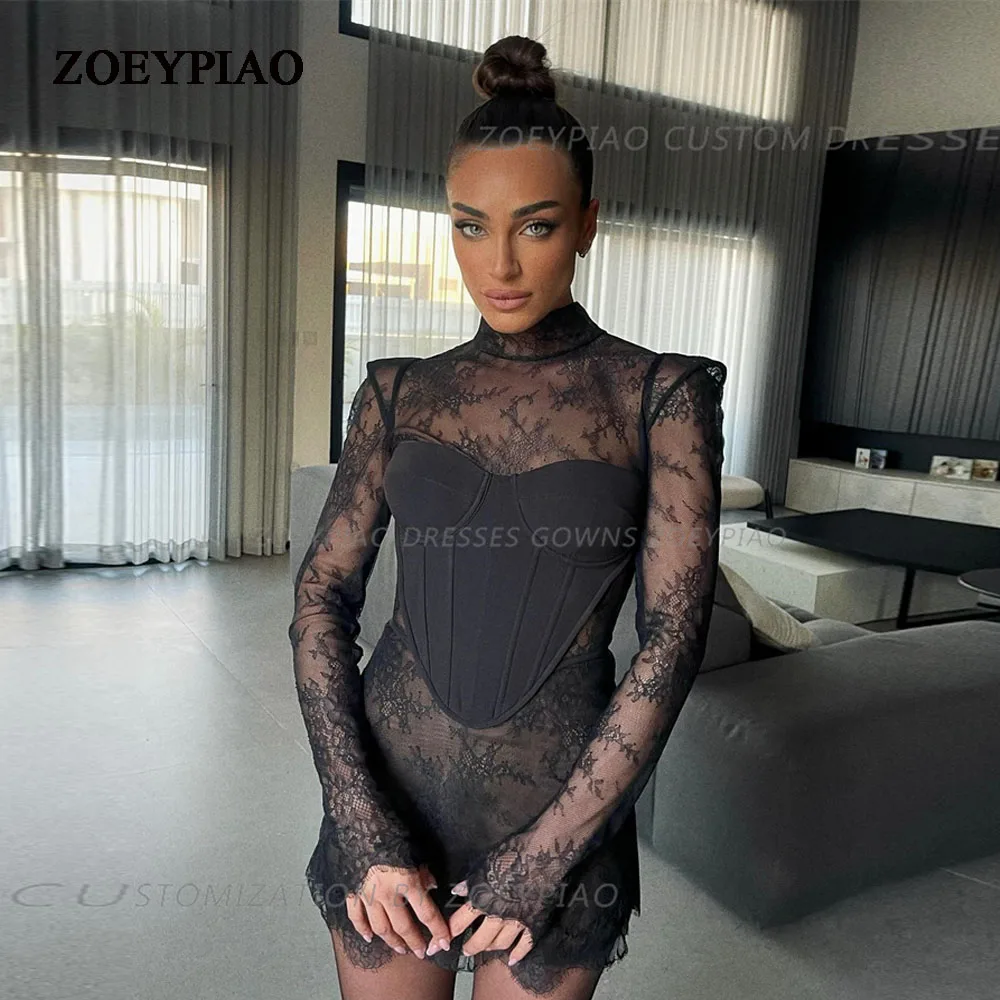 

Black Sexy Short Party Cocktail Dresses Long Sleeves High Neck Full Sleeves Mini Evening Gowns Night Event Club Israeli Dress