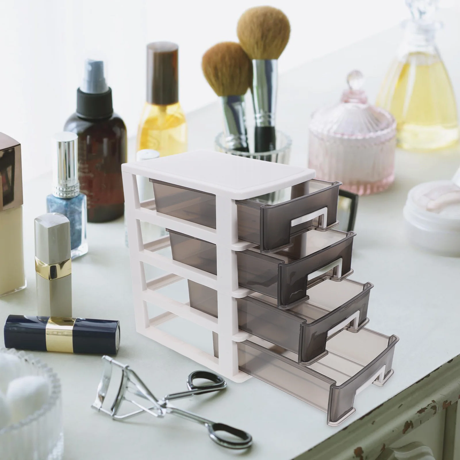 خزانة تخزين مكتبية مكونة من أربع طبقات من نوع درج بلاستيكي، صندوق تخزين محمول مقاوم للغبار، منظم أثاث بإطار أبيض