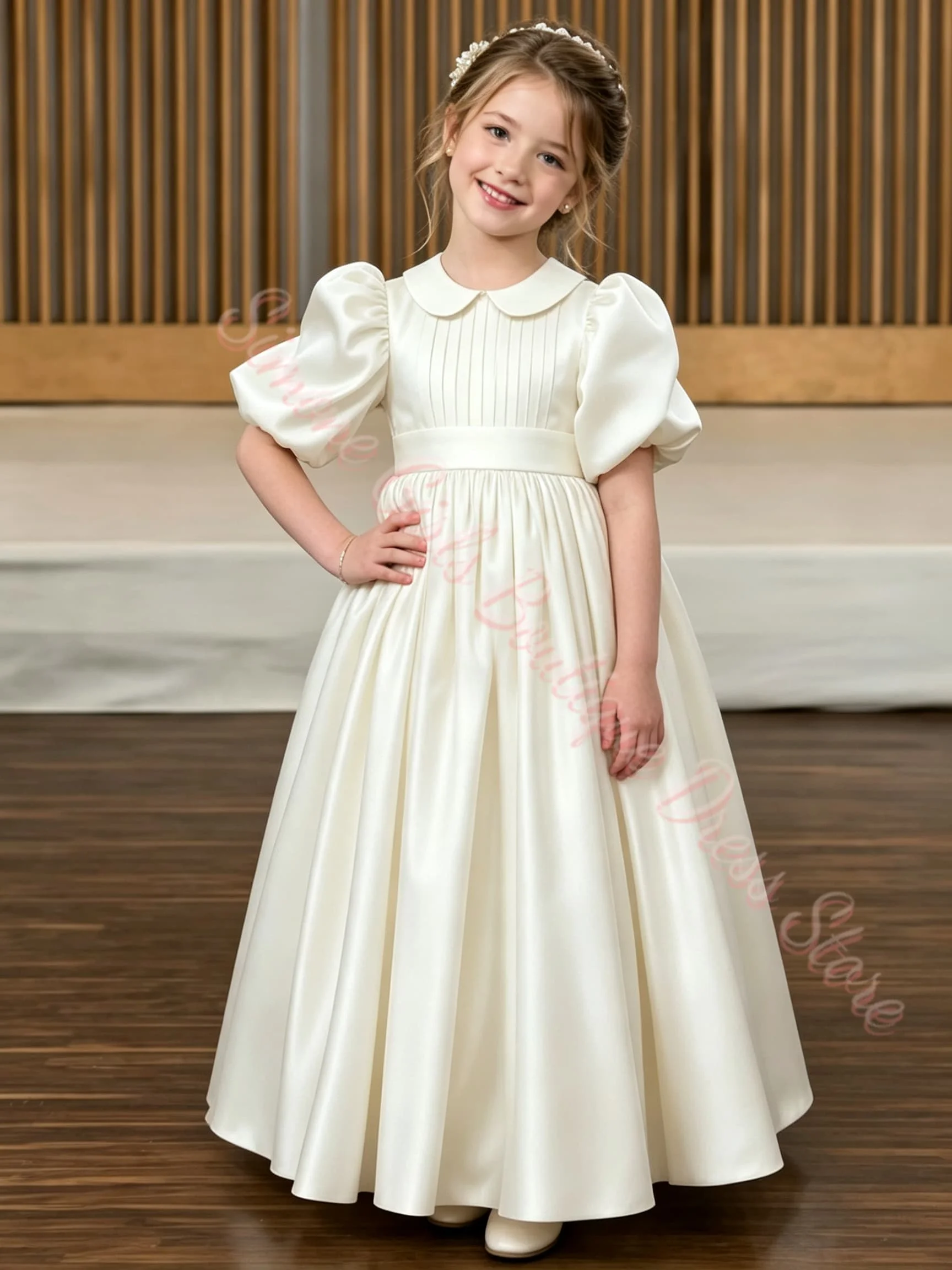 Maßgeschneidertes blaues Blumenmädchenkleid für Hochzeiten, plissiert, hohe Taille, halbe Ärmel, bauschiges Kleid für Kindergeburtstage, Erstkommunion. – Detail 6