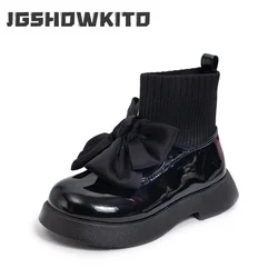 Kinderen Laarzen Mode Pu Solid Black Boog Meisjes Uniform 2023 En Najaar Nieuwe Kids Fashion Vliegende Knit School sokken Schoenen