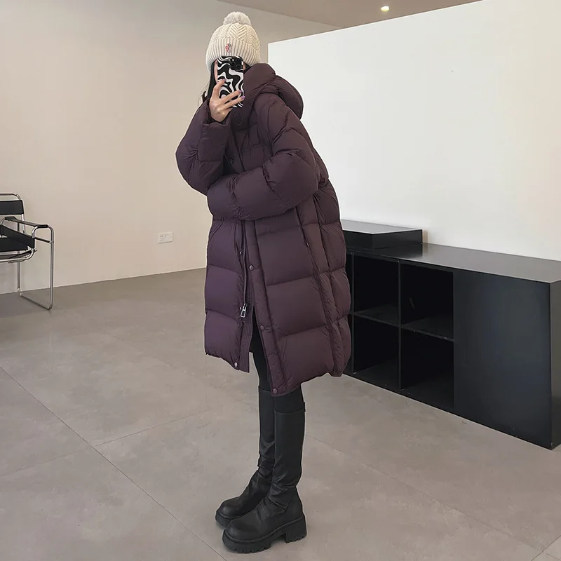 Umi mao grande colcha pato branco para baixo longo jaqueta feminina inverno nova moda puff sentir com capuz sobre o joelho jaqueta puff