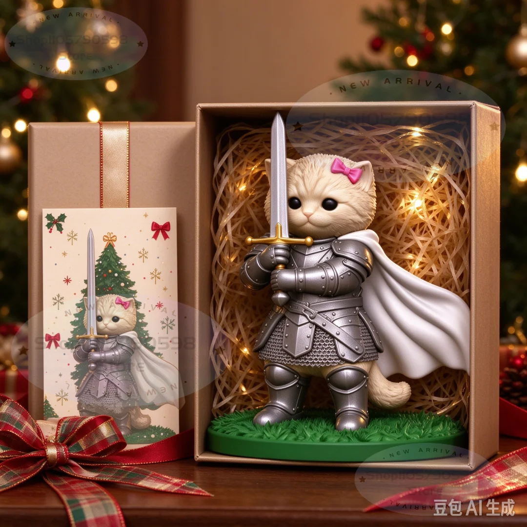 HOT 3D Printed Cute Armored Cat Knight Figurine Kitten Warrior Statue With Sword Pink Bow Cloak Fantasy Desktop Ornament Gift
