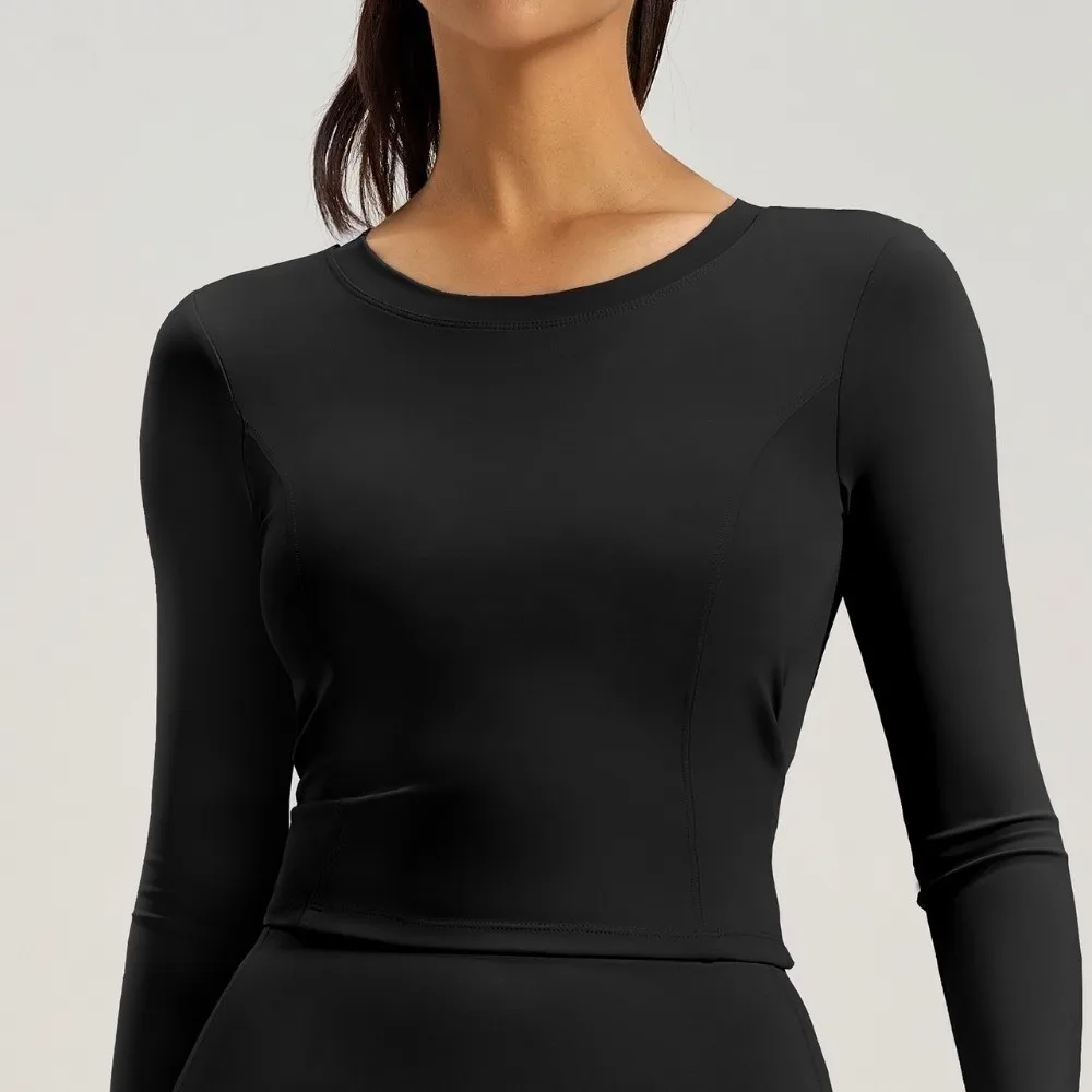 Sportkleding met ruches aan de achterkant en trekkoord met borstkussen Fitness Yoga-top met lange mouwen Trainingskleding Ademende Pilates-yoga-shirts