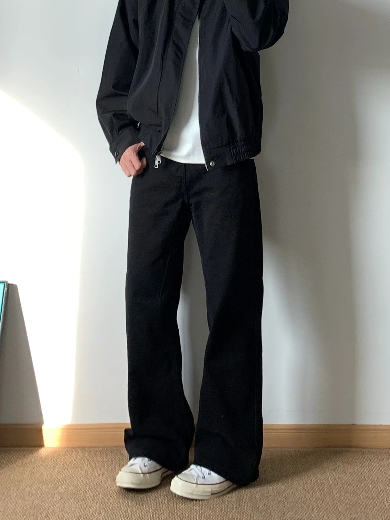American Style Cleanfit Black Men's Loose Straight Leg Jeans Casual Commuter Trousers Basic Style Wide Leg Denim Pants