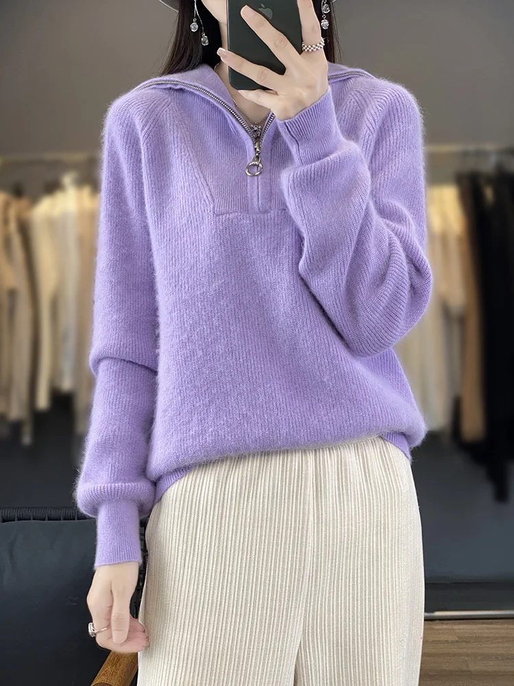 Aliselect Women Zipper Pullover 100%Mink Cashmere Sweater Long Sleeve Casual Loose Knitted Coat Jumper Korean Fashion Thick Tops