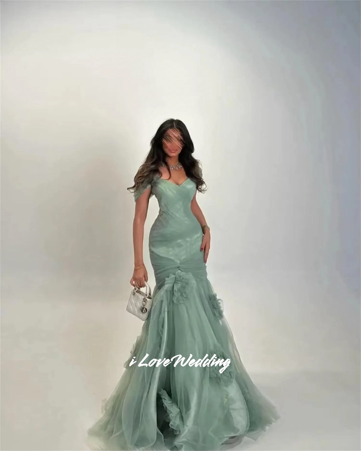 Green V-Neck Prom Dresses Off Shoulder Mermaid 3D Flowers Backless Floor-Length Saudi Arabia Evening Dresses Pleated Customized