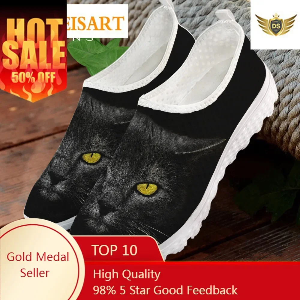 Summer Women Mesh Flat Shoes Comfort Walk Female Slip-on Footwear Black Cat Pattern Breathable Lady Beach Flats