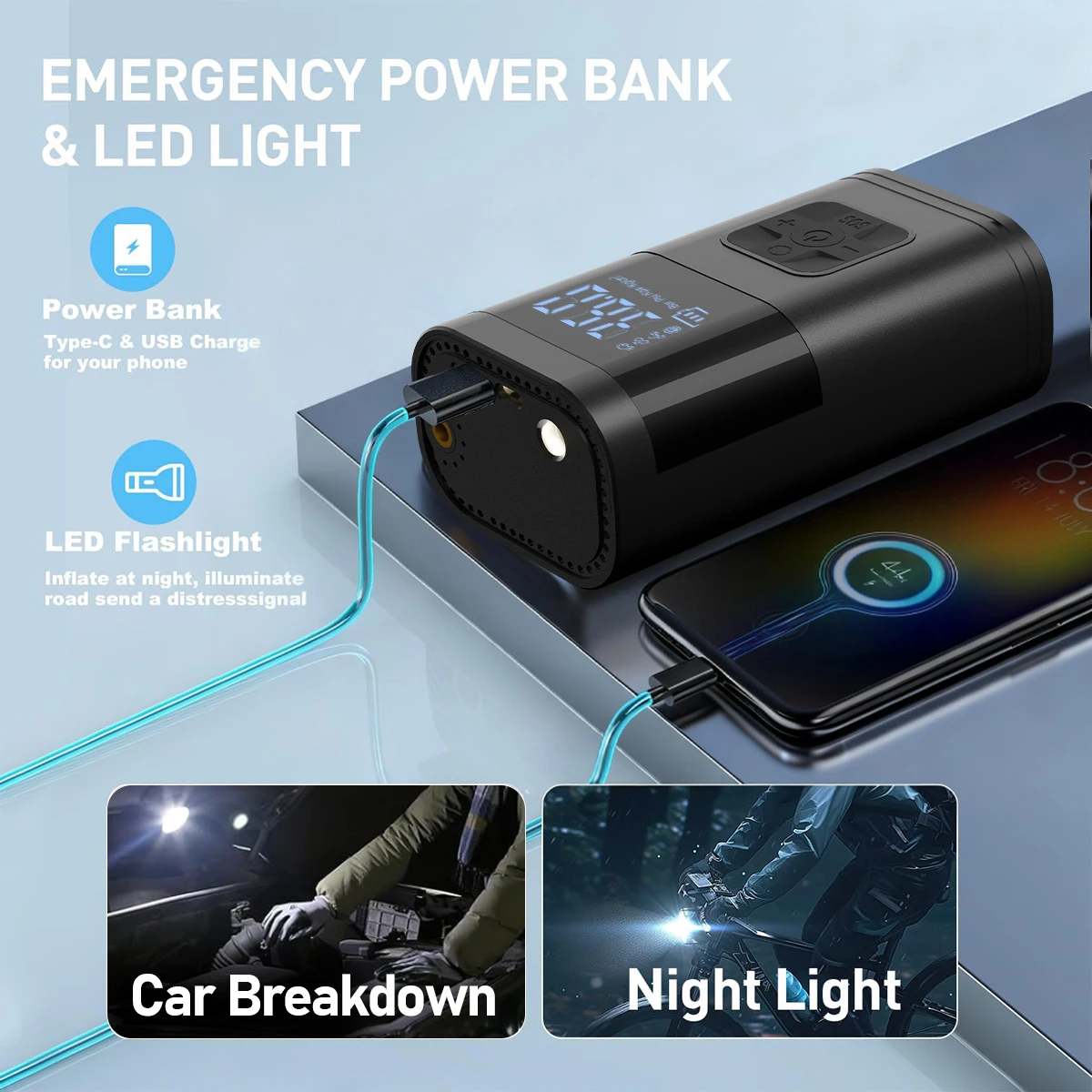 سيارة الانتقال كاتب مع منفاخ الإطارات، بنك الطاقة 1200A Jump Starter مع ضاغط الهواء، جهاز بدء تشغيل السيارة 12 فولت للبنزين 4.0L #5