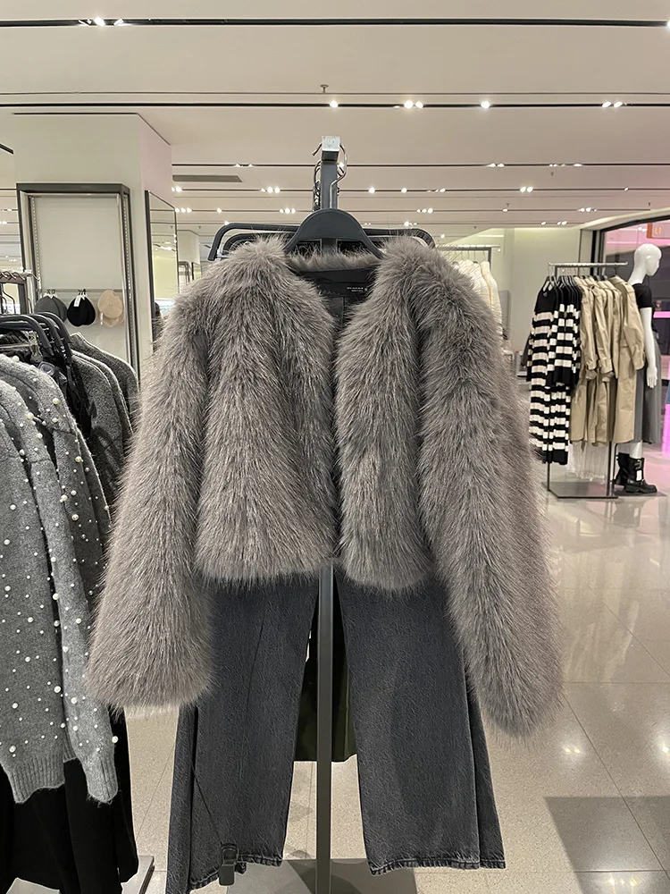 معطف فرو الخريف/الشتاء للنساء، سترة فاخرة عصرية قصيرة من فراء الثعلب صديقة للبيئة #6