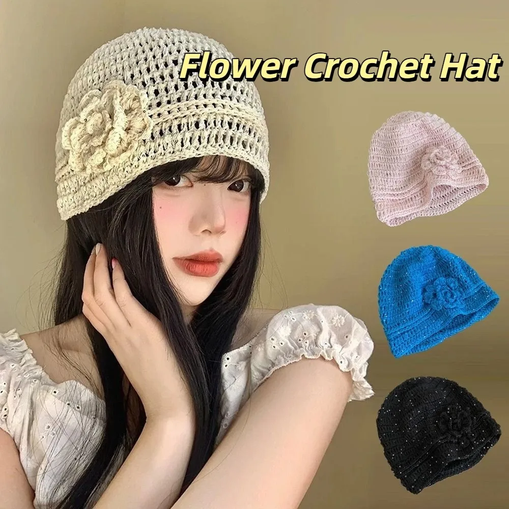 

Y2K Style Flower Knitted Caps Hand-Woven Hollow Sequin Crochet Hat Outdoor Summer Beach Photo Props Girls Daily Streetwear Hat