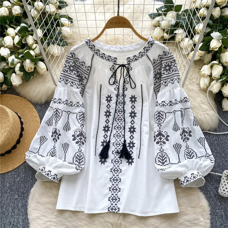 2025 Spring New Blouse Women Fashion Versatile Embroidery Lantern Sleeve Lace Up O-Neck Pullover Shirt Female Loose Tops B961