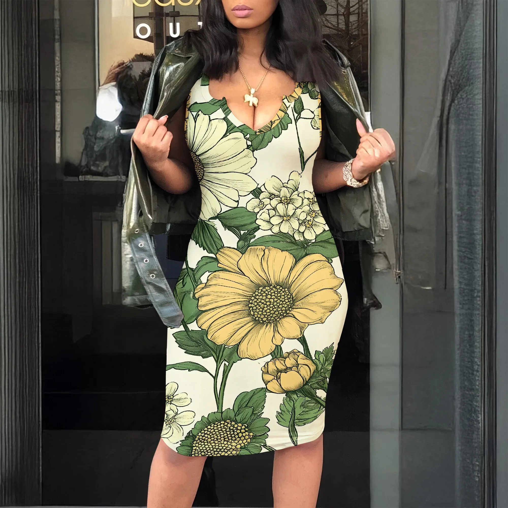 

Floral Bodycon Dress, Sleeveless V-Neck Mini Dress, Summer Beach Sundress, Casual Party Outfit, S-2XL