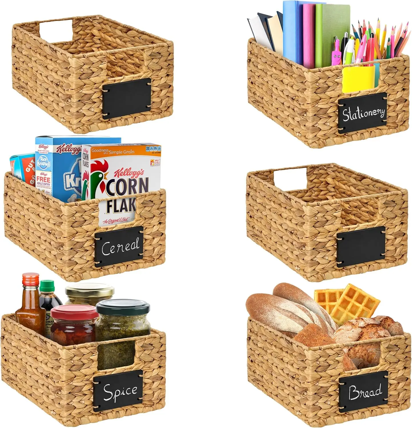 

6 Natural Woven Storage Baskets with Handles & Chalkboard Labels, 12x9x6 Inch Rectangular Wicker Bins