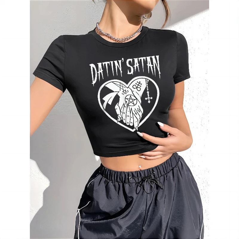 Satan Heart With Satanic Tattoo Hand Holding Print Crop Top y2k Harajuku Punk Tee 2000s Emo Girl Slim T-shirt Cropped T-shirt