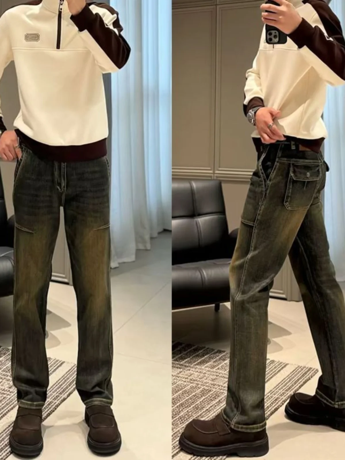 

Синие джинсы с завышенной талией в стиле ретро, свободные прямые мужские брюки в американском стиле, весна-осень, новая версия, повседневные длинные брюки, молодежная мода