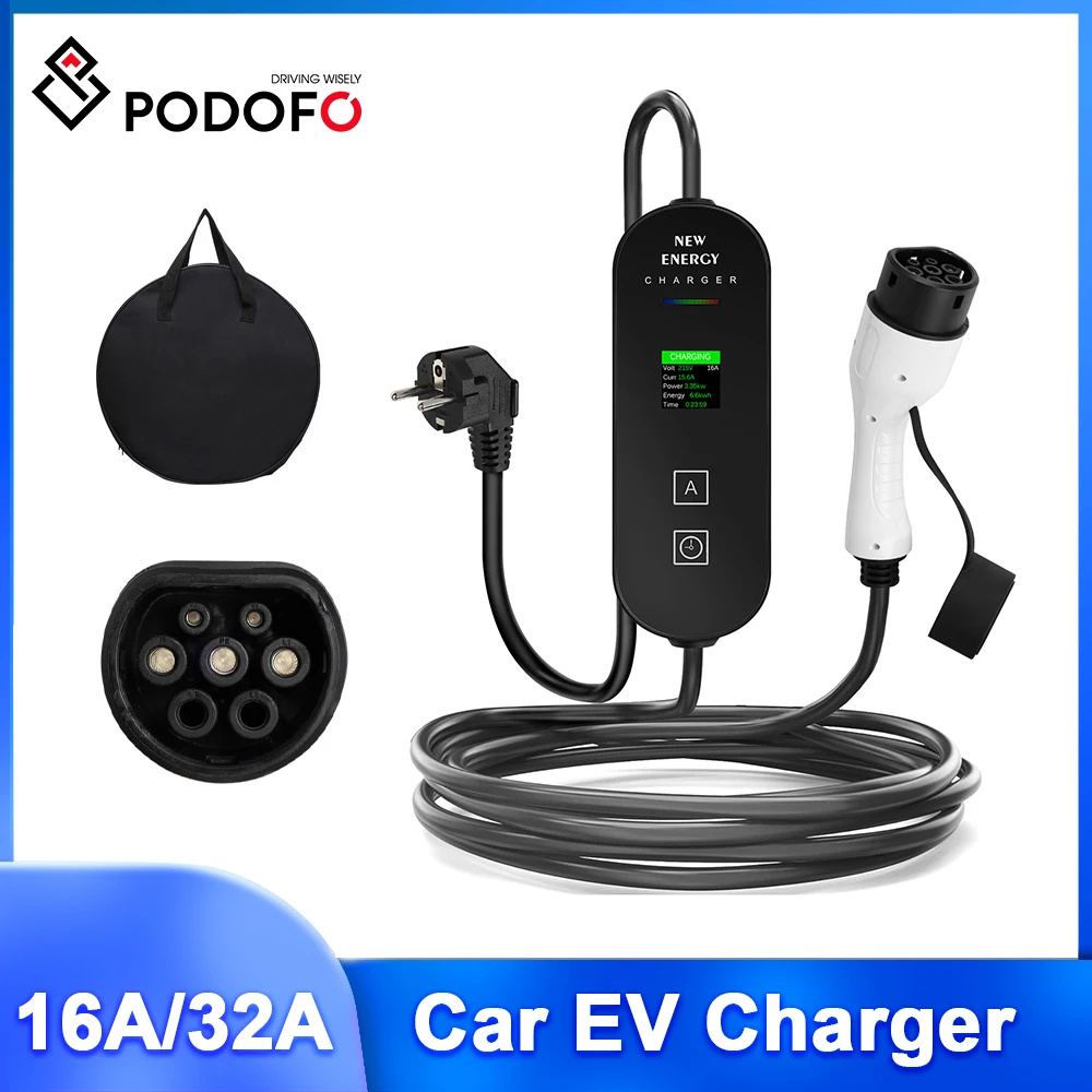 

Podofo Car EV Charger 8A/16A/24A/32A For EU Plug Portable 7.4kW Universal EV Charger Adjustable Electric Car Charger With Screen