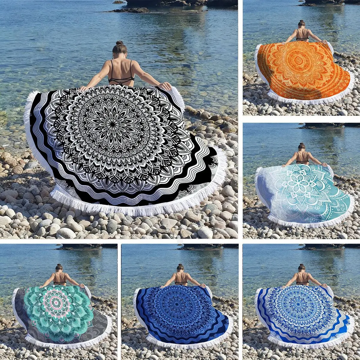 

Пляжное полотенце с цветочным узором мандала, круглое, быстросохнущее, впитывающее, из микрофибры, коврик для йоги, не пропускающий песок, для пикника на открытом воздухе, для пляжа, путешествий, бассейна