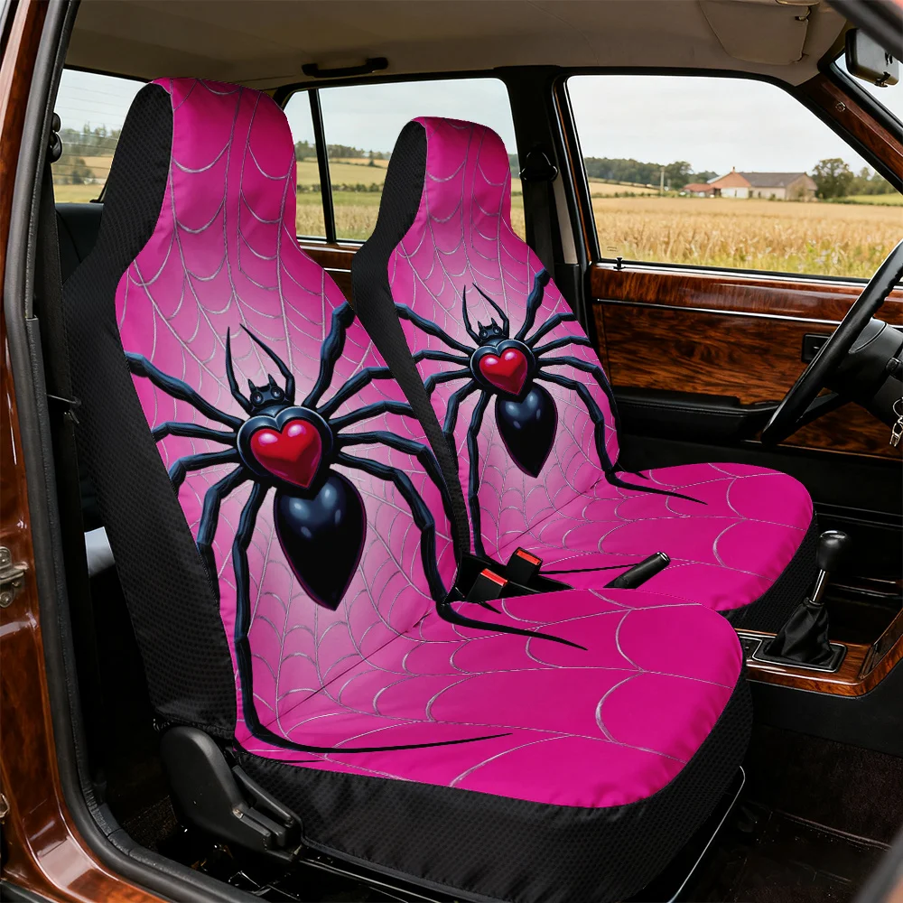 2pcs Spider Heart Web Style Car Covers | Durable And Soft Polyester Fiber, Universal Fit, Machine Washable, Perfect For Car Enth