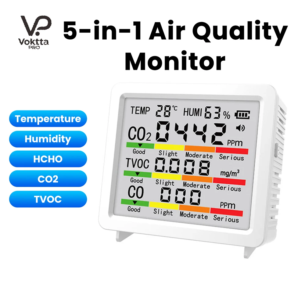 5 in 1 Air Quality Detector Temperature Humidity CO2 Formaldehyde Volatile Carbon Dioxide Air Quality Detector Type C