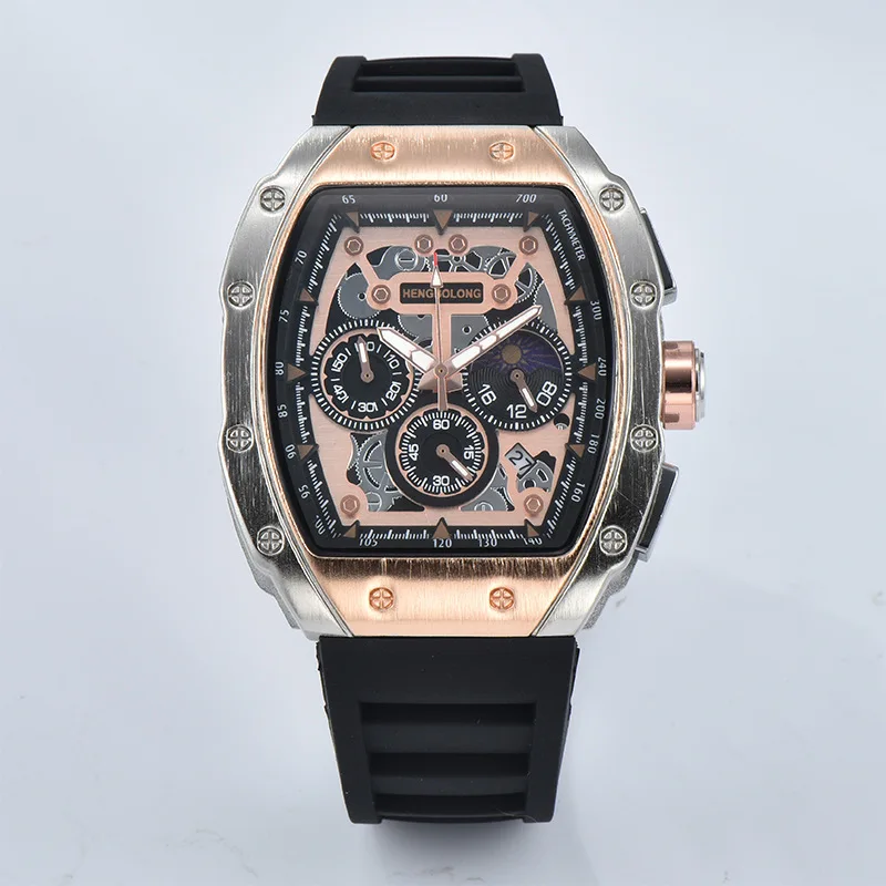 Skeletonized men's business sports multi-functional perpetual calendar quartz watch, perpetual calendar tape wristwatchbronze