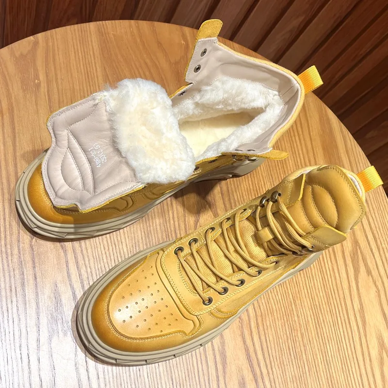 

Winter Cotton Shoes Men Casual Fur Wool Thick Sole Work Outdoor Motorcycle Snow Boots Male Genuine Leather Oxford High Top Boots