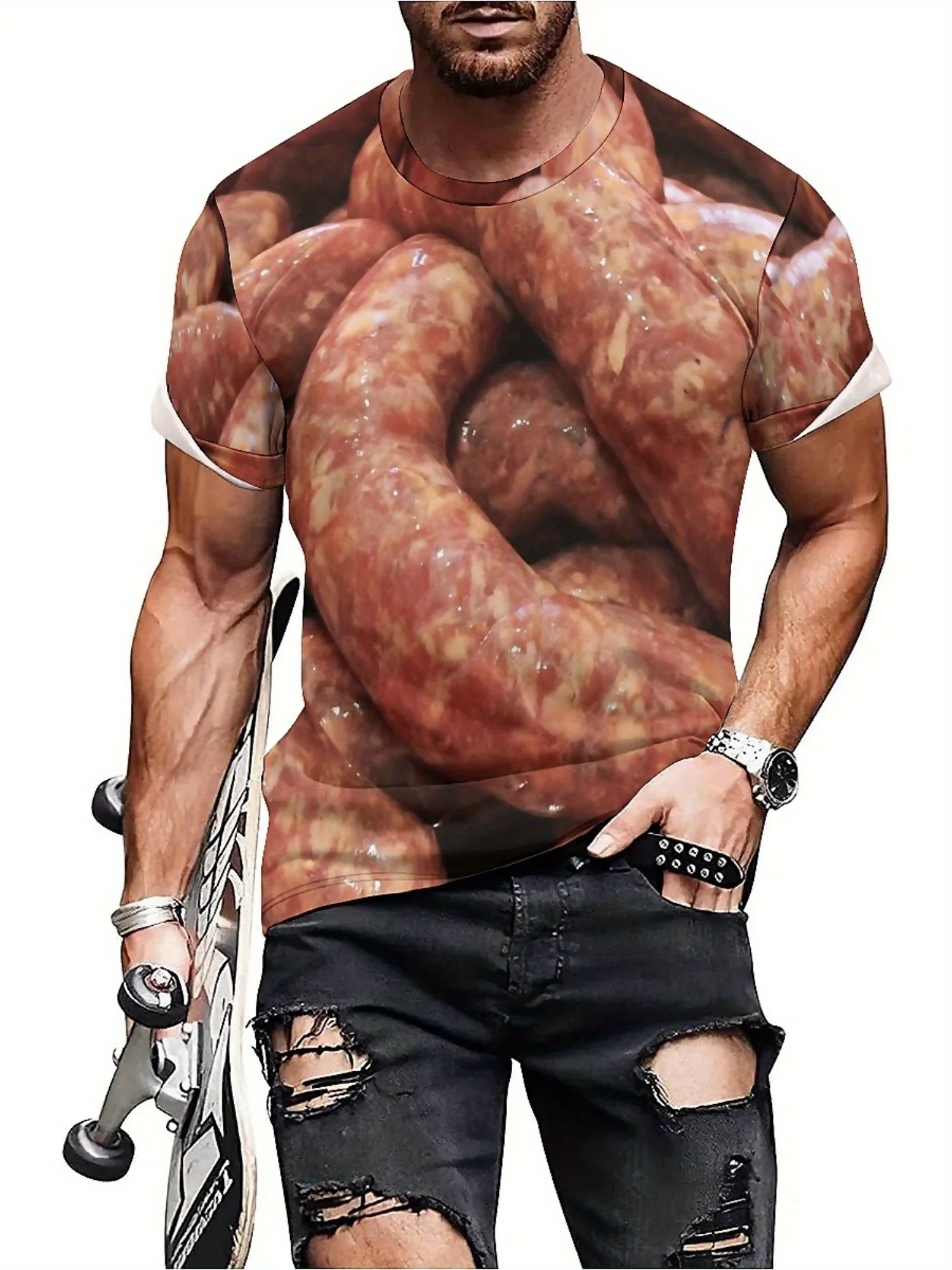 Men's Retro Y2K 3D Printed Grilled Sausages Graphic T-Shirt - Breathable Short Sleeve Round Neck Tee