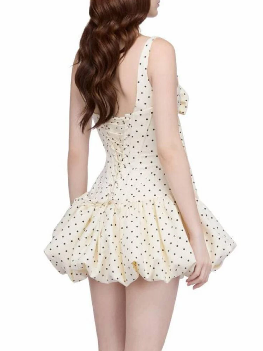 TWOTWINSTYLE French Sweet Polka Dot Corset Mini Dresses for Women V Neck Sleeveless Bow Accent Puff Skirt for Birthdays Party