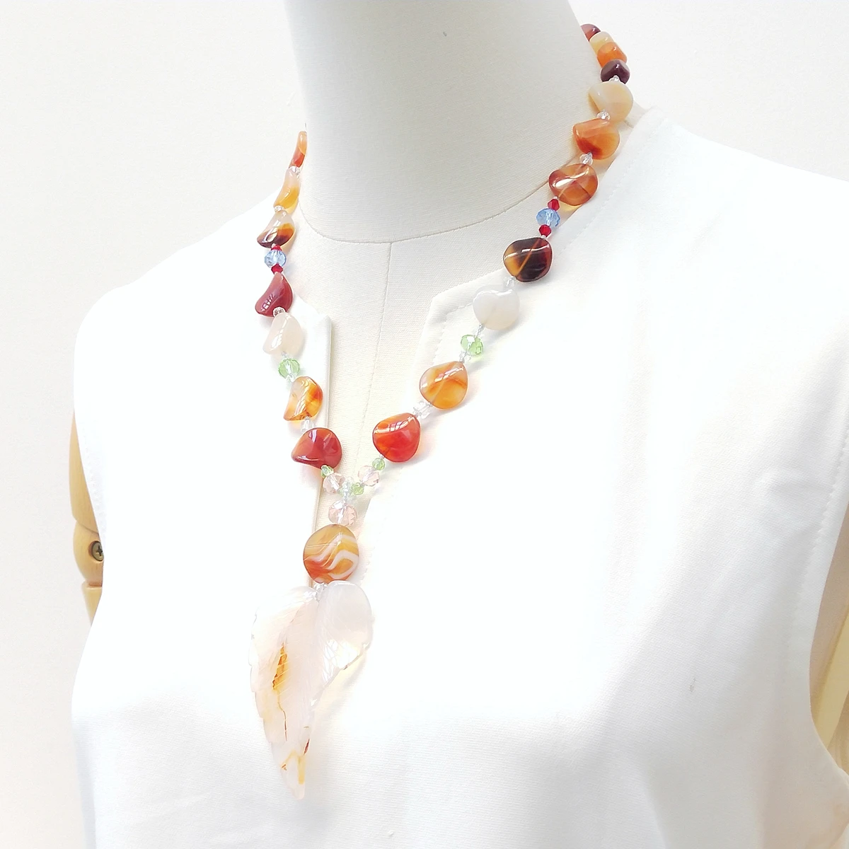 Lii Ji Real Stone Brown Color Necklace 55cm Agate Leave Crystal Women Jewelry Gift