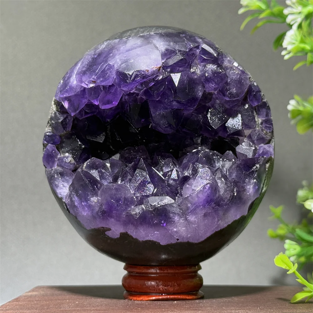 Natural  Amethyst Cluster Opening Laughing Ball Mineral Original Stone Healing Energy Wealth Home Decoration Lucky Gift +Base