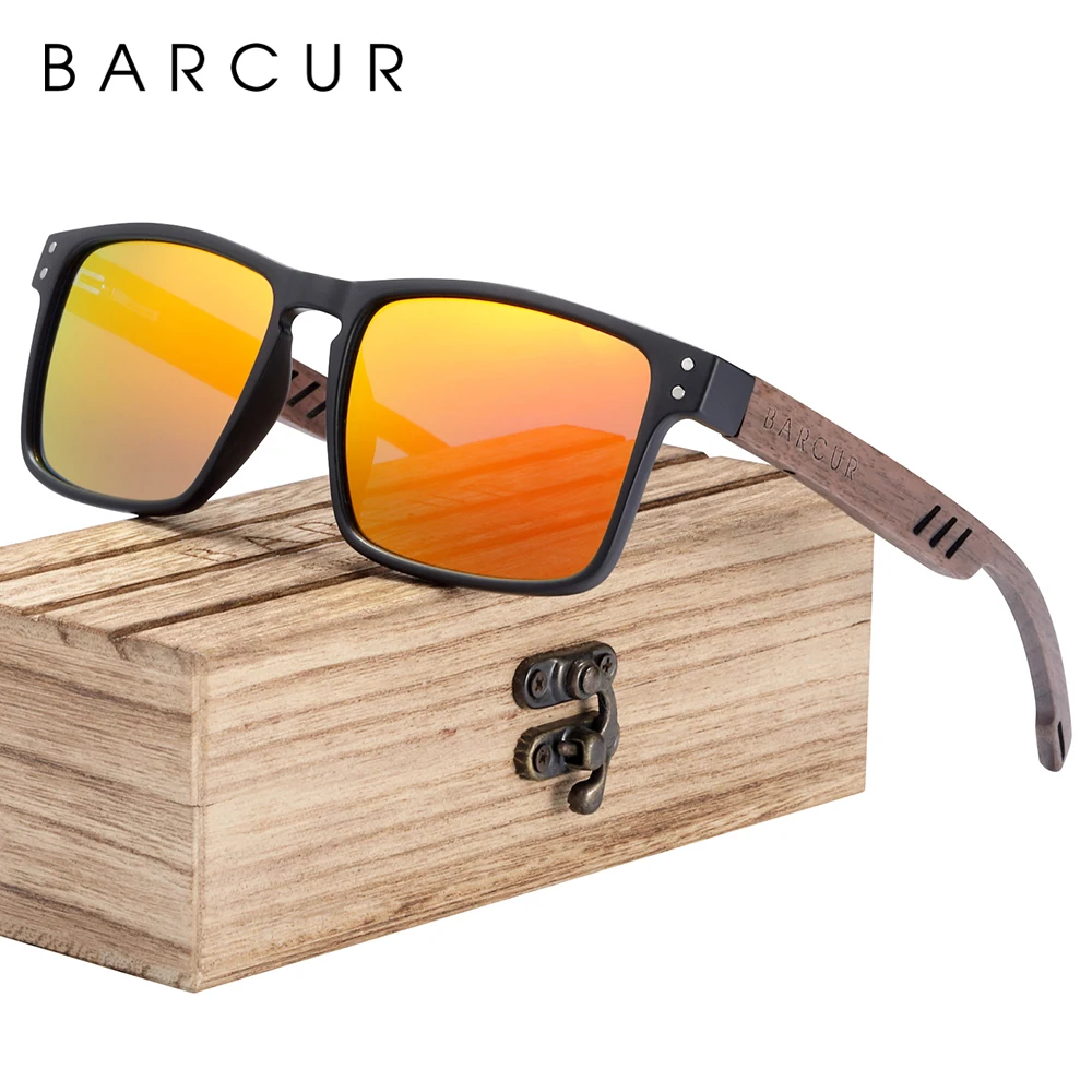 BARCUR Men\'s Sunglasses for Men Brand Designer Natural Walnut Wood Sun Glasses Women Polarized Eyewear UV400 Eyewear Oculos