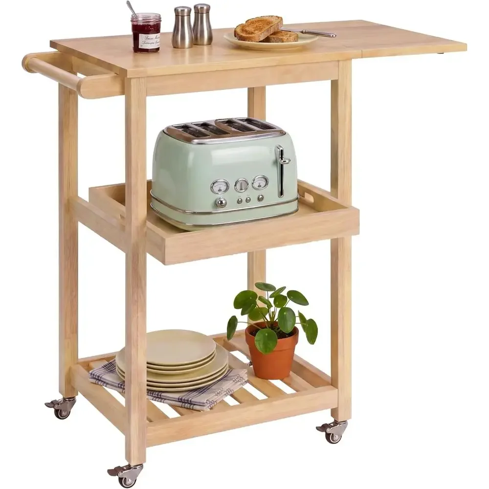 Solid Wood Kitchen Cart with Drop Leaf Extension, Removable Tray, Storage Shelf, Towel Bar, Locking Wheels, Space-Saving Utility