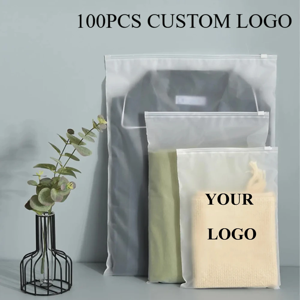 

100 Pcs Frosted Zipper Bags for Storage, Reusable Plastic Bags for Clothing Packaging, Custom Logo or Blank