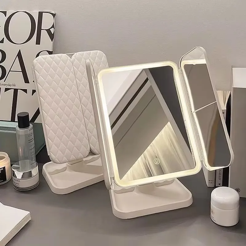 

Portable Folding Design LED Three Sided Makeup Mirror with Adjustable Stand for On-The-Go Beauty Travel Vanity Cosmetic Mirror