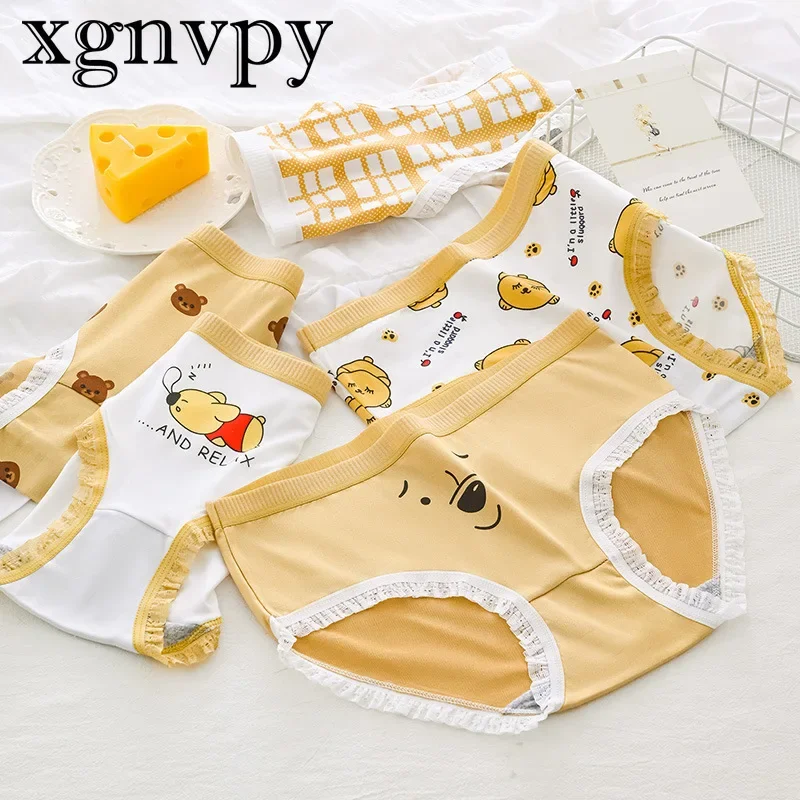 xgnvpy Cartoon Bear Mid Waist Breathable Underwear Female Japanese Cute Sweet Printed Girl Student Briefs