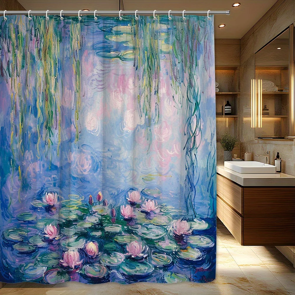 1pc Impressionist Water Lilies & Willow Branches Shower Curtain - Vibrant Pink Lilies on Tranquil Pond Design, Polyester Fabric,
